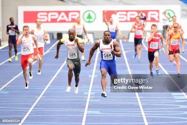 Harry Aikines Aryeetey runs the anchor leg during the European Athletics Team Championships Super League at Grand Stade Lille Mtropole on June 24,...