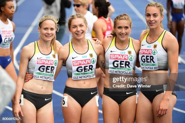 The German 4x100m Relay Women team during the European Athletics Team Championships Super League at Grand Stade Lille Mtropole on June 24, 2017 in...