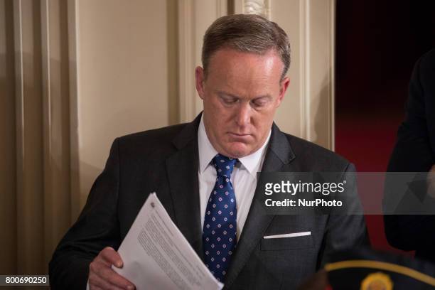 Sean Spicer, White House Press Secretary, was present for President Donald Trump's signing of the Department of Veterans Affairs Accountability and...