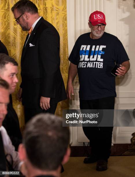 &quot;Bikers for Trump&quot; member Dennis Egbert, was present for President Donald Trump's signing of the Department of Veterans Affairs...