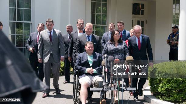 Secretary David J. Shulkin came outside of the West Wing of the White House with a group of veterans to speak to reporters, after President Trump...