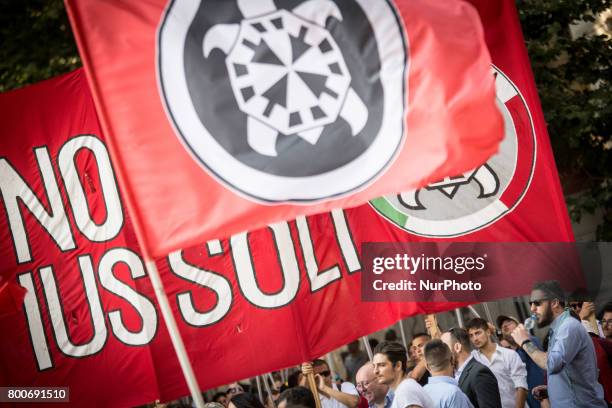 Thousands of members of Italian far-right movement CasaPound from all over Italy march with flags and shout slogans during a demonstration to protest...