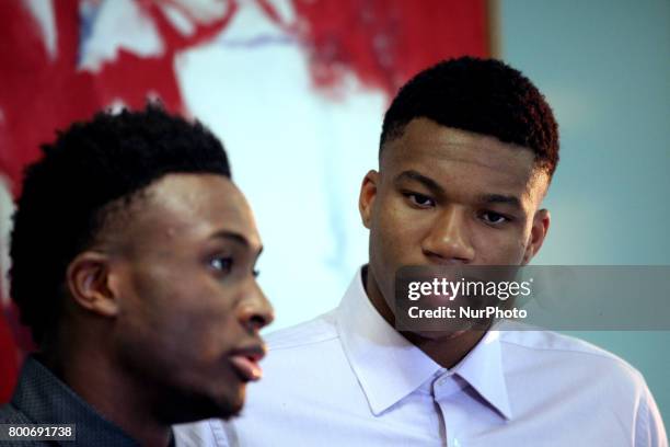 Giannis and Thanasis Antetokounmpo at the Onassis Cultural Centre in Athens, Greece, June 24, 2017. The two brothers discussed about the difficulties...