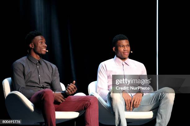 Giannis and Thanasis Antetokounmpo at the Onassis Cultural Centre in Athens, Greece, June 24, 2017. The two brothers discussed about the difficulties...