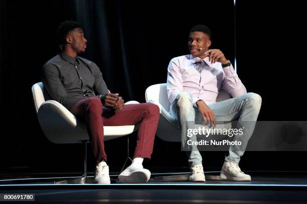 Giannis and Thanasis Antetokounmpo at the Onassis Cultural Centre in Athens, Greece, June 24, 2017. The two brothers discussed about the difficulties...