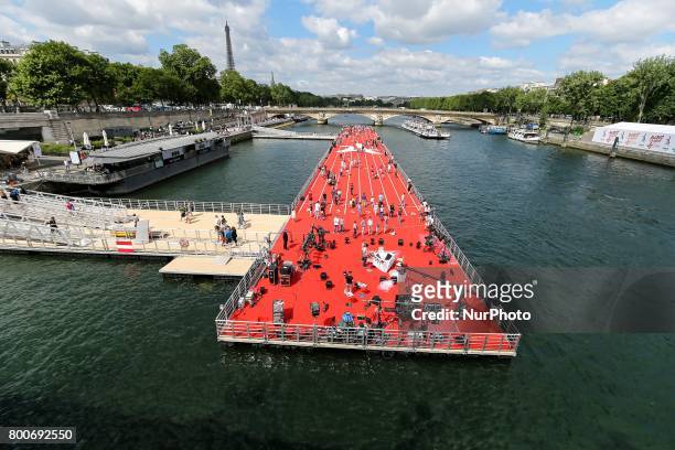 Floating athletics track install on the Seine River for the Olympics days for Paris 2024 Summer Olympics Games candidacy in Paris, France on June 24,...