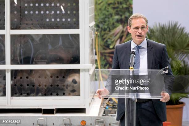 Berlin's Mayor Michael Mueller speaks during the welcoming event for the Panda couple Meng Meng and Jiao Qing at the cargo terminal of the Airport...