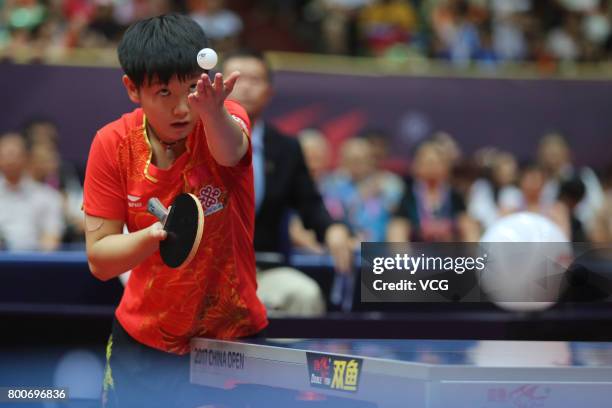 Sun Yingsha of China competes against Ding Ning of China during the Women's singles final match of 2017 ITTF World Tour China Open at Sichuan...