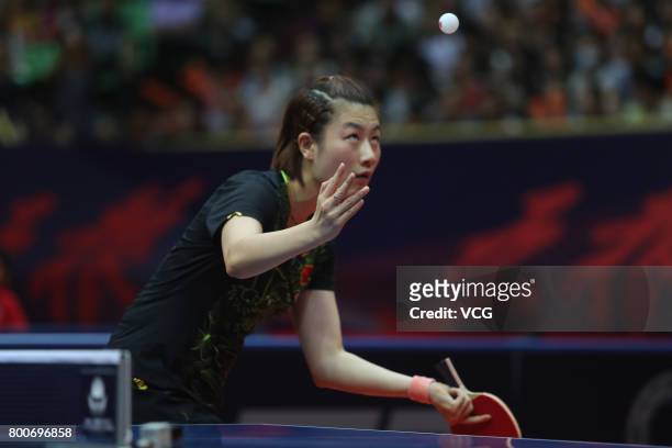 Ding Ning of China competes against Sun Yingsha of China during the Women's singles final match of 2017 ITTF World Tour China Open at Sichuan...