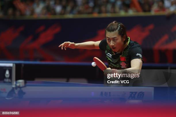 Ding Ning of China competes against Sun Yingsha of China during the Women's singles final match of 2017 ITTF World Tour China Open at Sichuan...