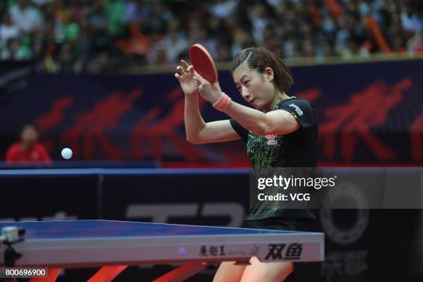 Ding Ning of China competes against Sun Yingsha of China during the Women's singles final match of 2017 ITTF World Tour China Open at Sichuan...