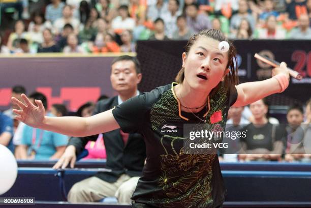 Ding Ning of China competes against Sun Yingsha of China during the Women's singles final match of 2017 ITTF World Tour China Open at Sichuan...