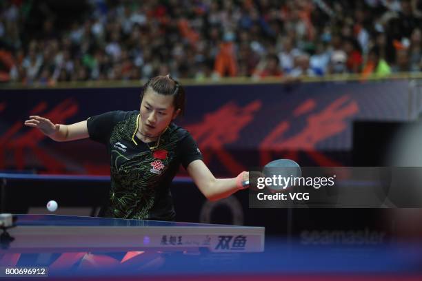 Ding Ning of China competes against Sun Yingsha of China during the Women's singles final match of 2017 ITTF World Tour China Open at Sichuan...