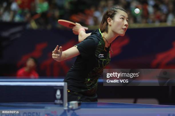 Ding Ning of China competes against Sun Yingsha of China during the Women's singles final match of 2017 ITTF World Tour China Open at Sichuan...