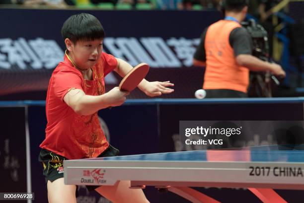 Sun Yingsha of China competes against Ding Ning of China during the Women's singles final match of 2017 ITTF World Tour China Open at Sichuan...