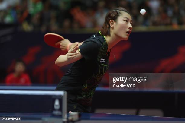 Ding Ning of China competes against Sun Yingsha of China during the Women's singles final match of 2017 ITTF World Tour China Open at Sichuan...