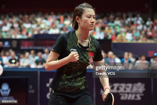 Ding Ning of China celebrates during the Women's singles final match against Sun Yingsha of China during 2017 ITTF World Tour China Open at Sichuan...