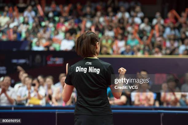 Ding Ning of China celebrates during the Women's singles final match against Sun Yingsha of China during 2017 ITTF World Tour China Open at Sichuan...