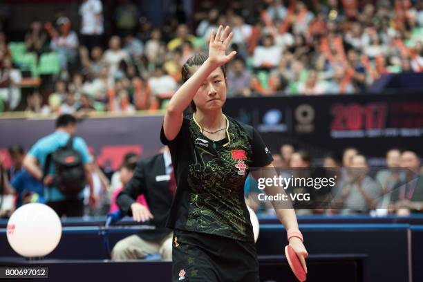 Ding Ning of China celebrates during the Women's singles final match against Sun Yingsha of China during 2017 ITTF World Tour China Open at Sichuan...