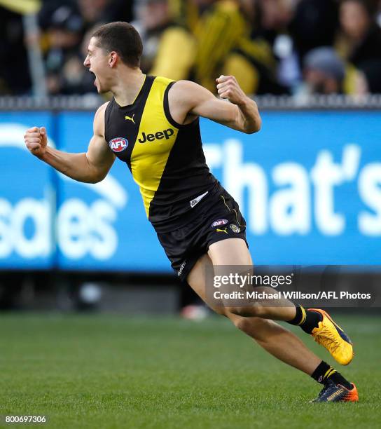 Jason Castagna of the Tigers celebrates during the 2017 AFL round 14 match between the Richmond Tigers and the Carlton Blues at the Melbourne Cricket...