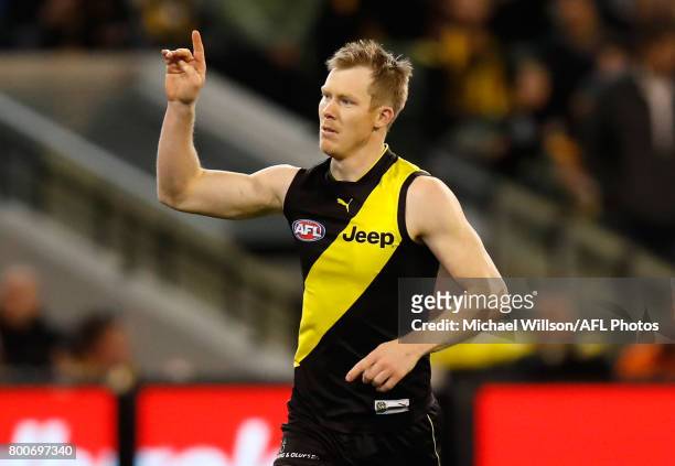 Jack Riewoldt of the Tigers celebrates during the 2017 AFL round 14 match between the Richmond Tigers and the Carlton Blues at the Melbourne Cricket...