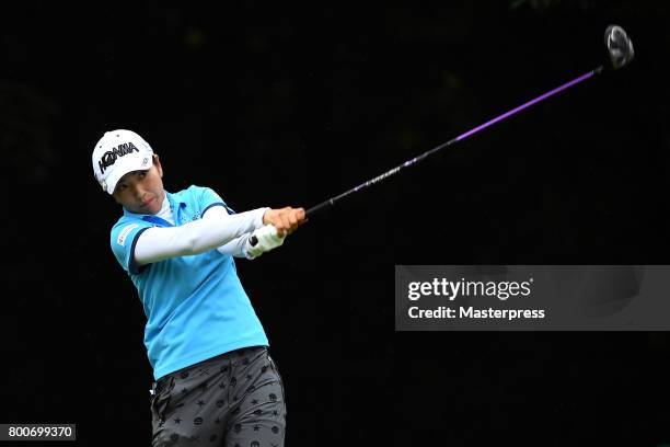 Ritsuko Ryu of Japan hits her tee shot during the final round of the Earth Mondamin Cup at the Camellia Hills Country Club on June 25, 2017 in...