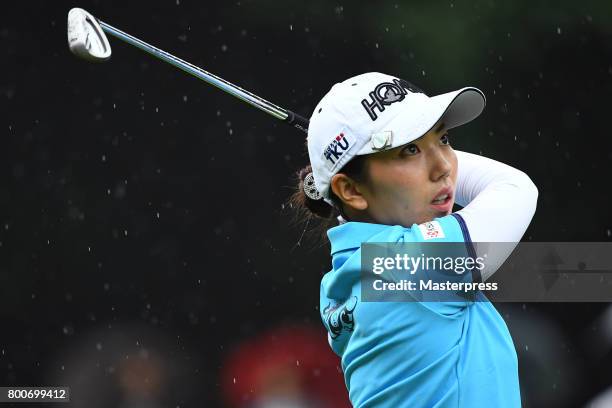 Ritsuko Ryu of Japan hits her tee shot during the final round of the Earth Mondamin Cup at the Camellia Hills Country Club on June 25, 2017 in...