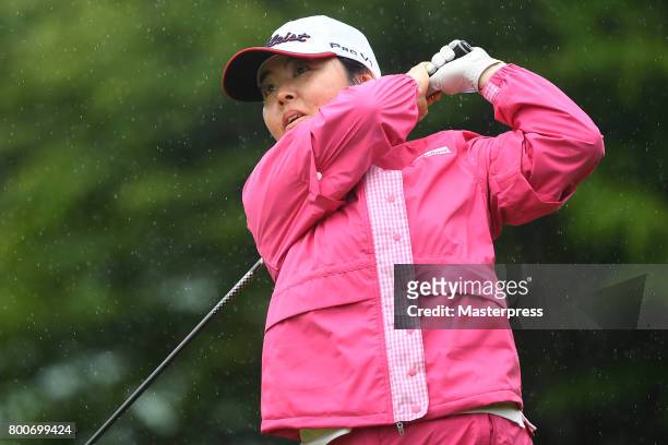 Yuri Fudoh of Japan hits her tee shot on the 6th hole during the final round of the Earth Mondamin Cup at the Camellia Hills Country Club on June 25,...