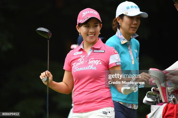 Kotono Kozuma of Japan smiles during the final round of the Earth Mondamin Cup at the Camellia Hills Country Club on June 25, 2017 in Sodegaura,...