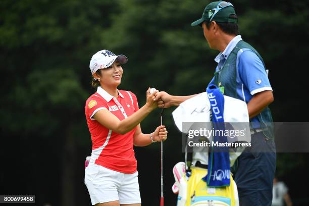 Boo-Mee Lee of South Korea celebrates during the final round of the Earth Mondamin Cup at the Camellia Hills Country Club on June 25, 2017 in...