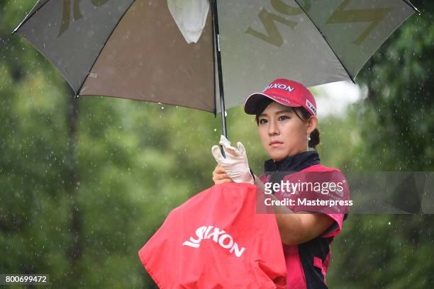 Kotono Kozuma of Japan looks on during the final round of the Earth Mondamin Cup at the Camellia Hills Country Club on June 25, 2017 in Sodegaura,...