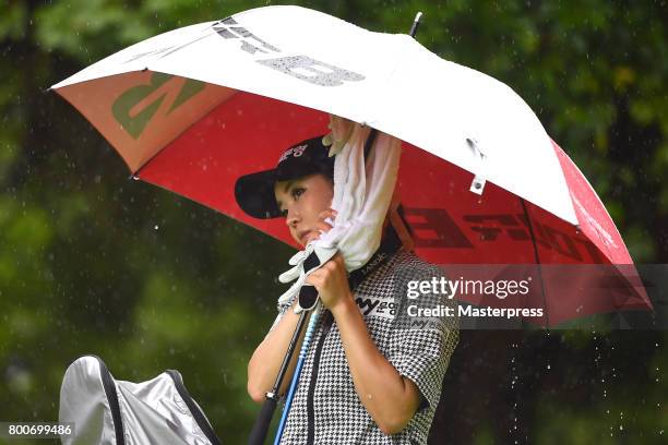 Shin-Ae Ahn of South Korea looks on during the final round of the Earth Mondamin Cup at the Camellia Hills Country Club on June 25, 2017 in...