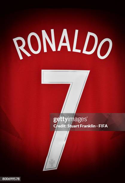 The shirt of Cristiano Ronaldo of Portugal is seen hanging in the dressing room prior to the FIFA Confederation Cup Group A match between New Zealand...