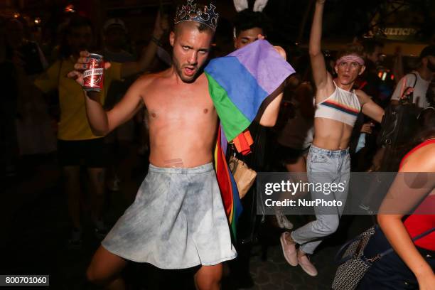 Demonstrators from the collective Ltbgi stroll through Seville, Spain on June 24, 2017. The annual pride of LGTBI in Seville was celebrated with the...