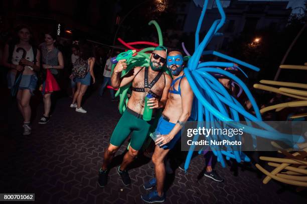 Demonstrators from the collective Ltbgi stroll through Seville, Spain on June 24, 2017. The annual pride of LGTBI in Seville was celebrated with the...