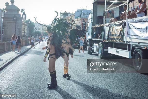 Demonstrators from the collective Ltbgi stroll through Seville, Spain on June 24, 2017. The annual pride of LGTBI in Seville was celebrated with the...