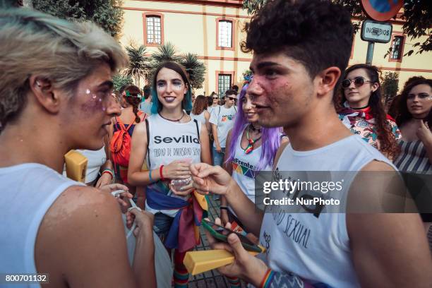 Demonstrators from the collective Ltbgi stroll through Seville, Spain on June 24, 2017. The annual pride of LGTBI in Seville was celebrated with the...