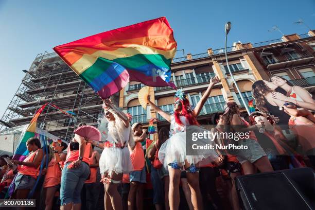 Demonstrators from the collective Ltbgi stroll through Seville, Spain on June 24, 2017. The annual pride of LGTBI in Seville was celebrated with the...