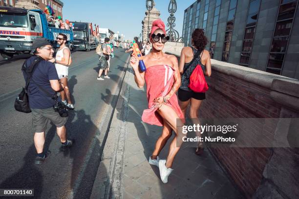 Demonstrators from the collective Ltbgi stroll through Seville, Spain on June 24, 2017. The annual pride of LGTBI in Seville was celebrated with the...