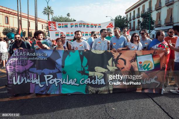 Demonstrators from the collective Ltbgi stroll through Seville, Spain on June 24, 2017. The annual pride of LGTBI in Seville was celebrated with the...