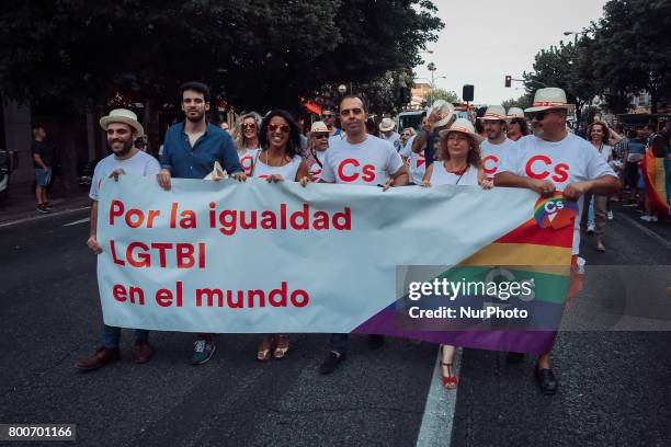 Demonstrators from the collective Ltbgi stroll through Seville, Spain on June 24, 2017. The annual pride of LGTBI in Seville was celebrated with the...