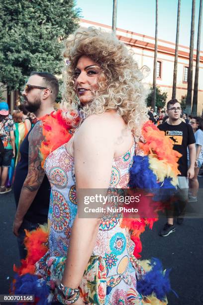 Demonstrators from the collective Ltbgi stroll through Seville, Spain on June 24, 2017. The annual pride of LGTBI in Seville was celebrated with the...