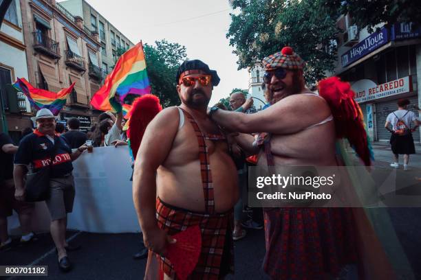 Demonstrators from the collective Ltbgi stroll through Seville, Spain on June 24, 2017. The annual pride of LGTBI in Seville was celebrated with the...