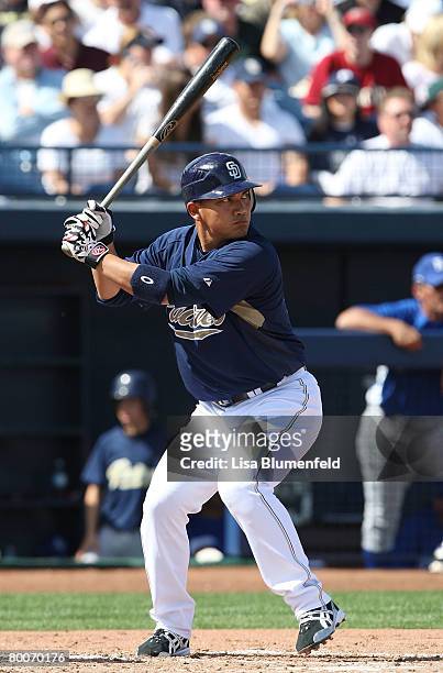 Tadahito Iguchi of the San Diego Padres bats during the game against the Kansas City Royals at Peoria Sports Complex February 29, 2008 in Peoria,...