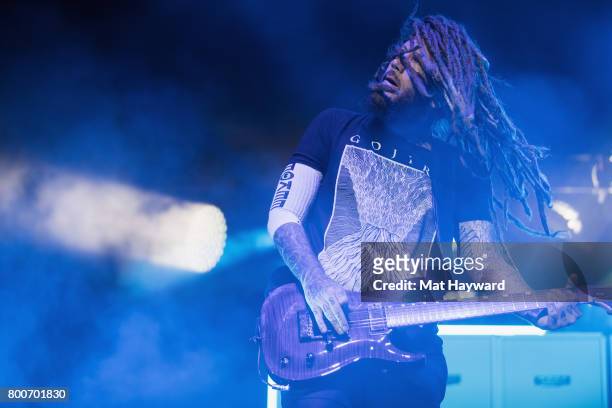 Brian 'Head' Welch of Korn performs on stage during the Pain In The Grass music festival hosted by 99.9 KISW at White River Amphitheatre on June 24,...