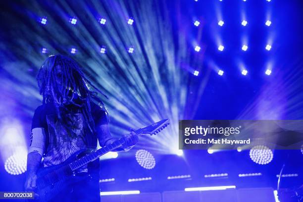 Brian 'Head' Welch of Korn performs on stage during the Pain In The Grass music festival hosted by 99.9 KISW at White River Amphitheatre on June 24,...