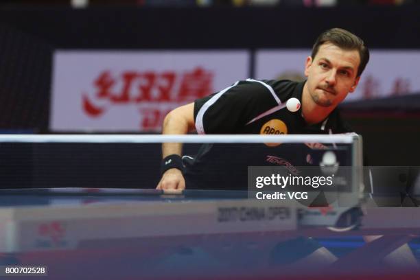 Timo Boll of Germany competes against Dimitrij Ovtcharov of Germany during the Men's singles final match of 2017 ITTF World Tour China Open at...