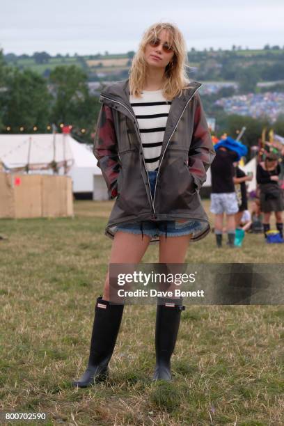 Suki Waterhouse attends day three of Glastonbury on June 25, 2017 in Glastonbury, England.