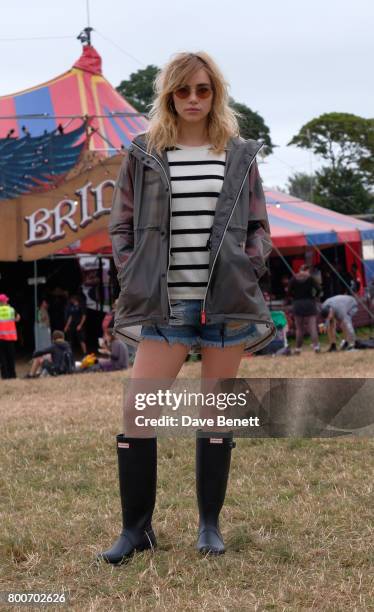 Suki Waterhouse attends day three of Glastonbury on June 25, 2017 in Glastonbury, England.