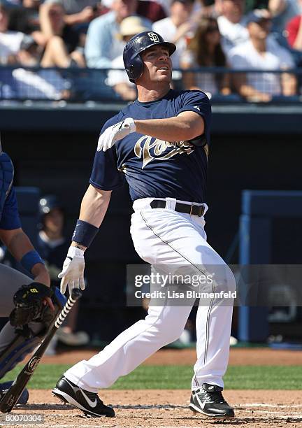 Jim Edmonds of the San Diego Padres bats during the game against the Kansas City Royals at Peoria Sports Complex February 29, 2008 in Peoria, Arizona.